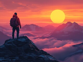 Fototapeta premium Hiker watching amazing sunset over mountain peaks and clouds