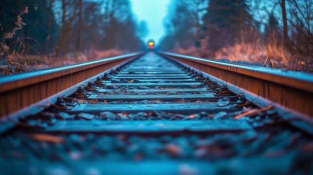 The long, straight railroad track runs through the woods at dusk in Washington State, USA. The sky is blue, and there's no one around. A train can be seen far in the distance.