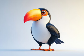 Naklejka premium A cute toucan bird with a colorful beak and striking plumage poses against a pristine white background. Its playful expression adds to its charm, making it an appealing sight.