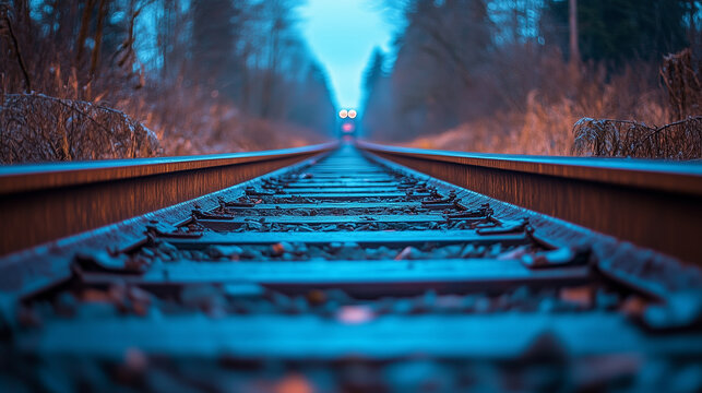 The long, straight railroad track runs through the woods at dusk in Washington State, USA. The sky is blue, and there's no one around. A train can be seen far in the distance.