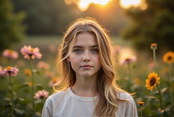 Fototapeta premium Blonde Woman in a Field of Flowers at Sunset