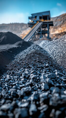 The mining site of coal, with large piles of raw ironwood and gravel on the left side of an elevated conveyor belt that leads to another building in front of it. The background is a blue sky. High-res