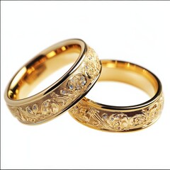 two gold wedding rings with floral design