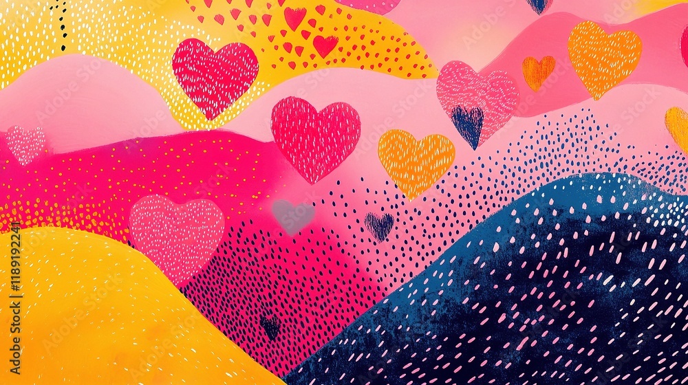 Poster vibrant asymmetrical abstract pattern of hearts on colorful background