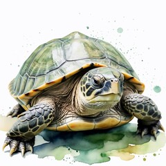 Fototapeta premium Majestic Green Turtle Watercolor Painting Reptilian Wildlife Close up