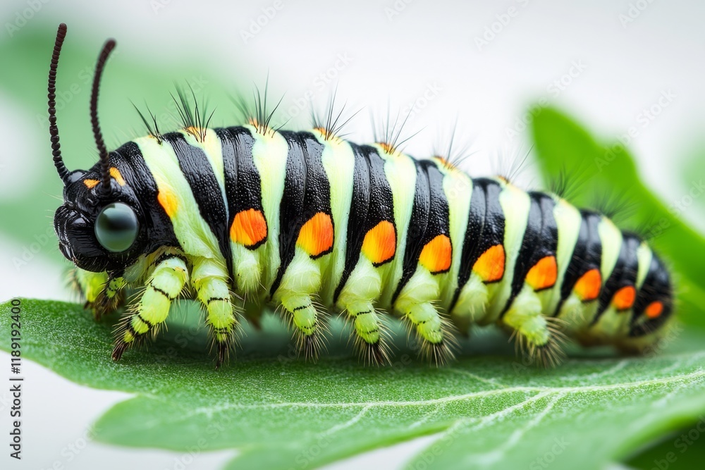 Poster Close-up of a colorful spicebush swallowtail caterpillar traversing a green leaf, showcasing its unique patterns and textures