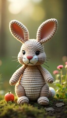 realistic highly detailed crochet of a rabbit with a nature background