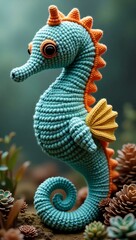 Fototapeta premium realistic highly detailed crochet of a seahorse with a nature background