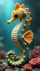 Fototapeta premium realistic highly detailed crochet of a seahorse with a nature background