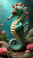 Obraz premium realistic highly detailed crochet of a seahorse with a nature background