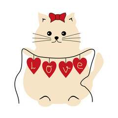 Nice cute lovely cat with love garland valentine day vector illustration celebrate romantic holiday 