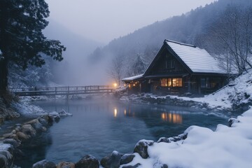 Fototapeta premium Traditional japanese onsen ryokan with warm lights reflecting in steaming blue water at dawn, surrounded by snowy trees and a wooden bridge