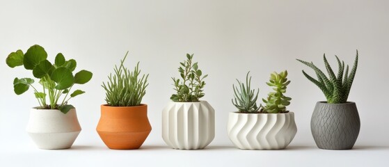 five potted plants on a white background