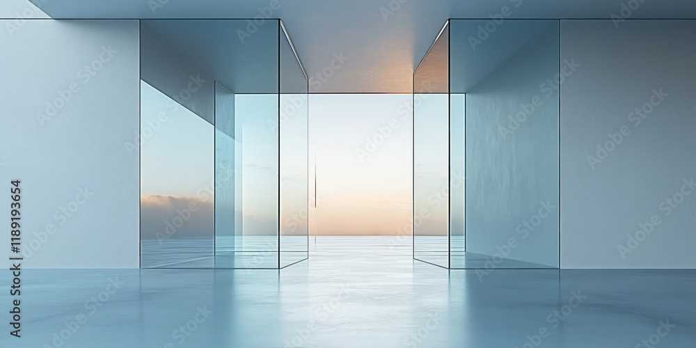 Poster empty modern minimalist space with large glass walls. open view of sky, horizon. light blue color pa