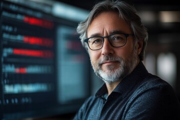 Portrait of a confident senior software developer working on computer analyzing source code with errors displayed on screen