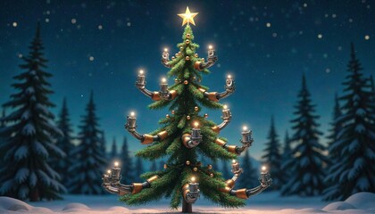 Fototapeta premium Advanced Robot Christmas Tree Against Starry Night