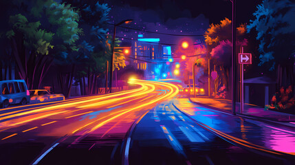 Obraz premium Night traffic light trails in urban setting. Nightstone. Illustration