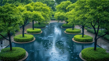 Fototapeta premium Serene Rain Kissed Park Pond Lush Greenery Tranquil Landscape Design