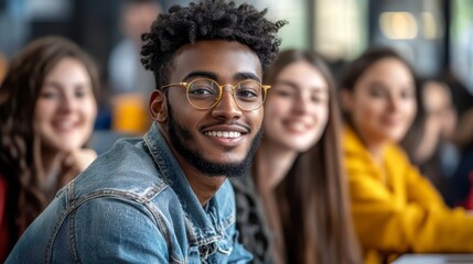 Fototapeta premium Confident Young African American Man Smiling with Friends in Background