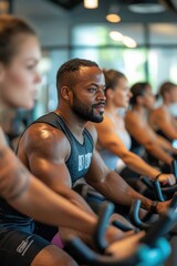 people doing cycling training in class in gym.