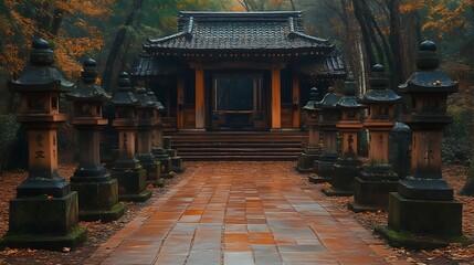 Stone Lanterns Line Path To Autumnal Shrine