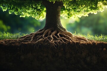 Roots of a majestic tree growing in fertile soil, symbolizing connection to nature and growth
