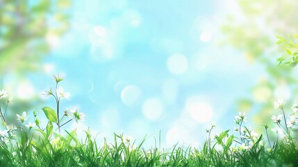 Fresh Green Grass Under Bright Sky in Tranquil Spring Garden Scene