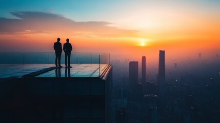 Fototapeta premium Two Businessmen Silhouetted at Dawn on Rooftop Terrace Overlooking City Skyline