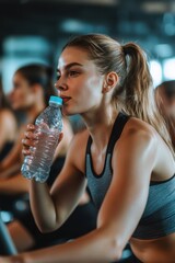 people doing cycling training in class in gym.