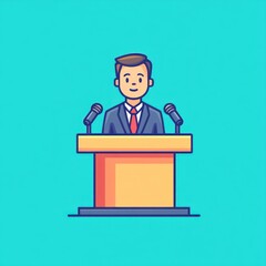 Man giving speech, podium, conference, microphones, illustration, presentation, background, teal, vector, website