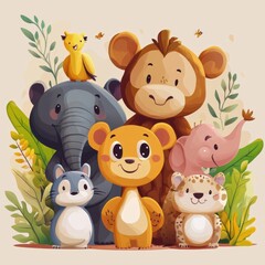 Obraz premium Adorable Cartoon Animals Posing Together In Nature