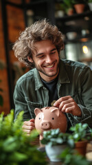 Young man putting coin into piggy bank at home, smiling, happily while sitting in modern living room with green plants on table.