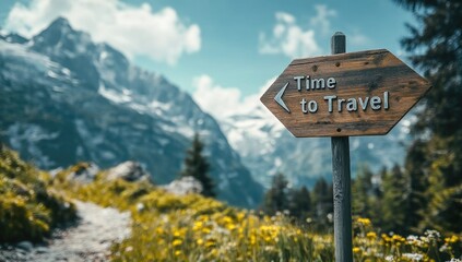 Obraz premium A rustic wooden sign labeled Time to Travel stands along a winding path surrounded by lush green hills and majestic mountains under a bright sky, encouraging exploration.