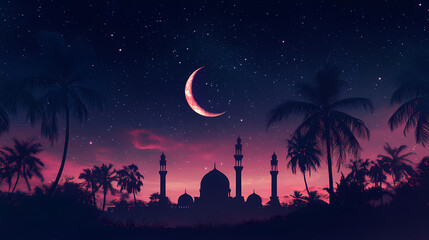 Obraz premium Ramadan kareem - crescent moon, stars, and silhouetted mosque with palm trees in starry night sky. Nightstone. Illustration