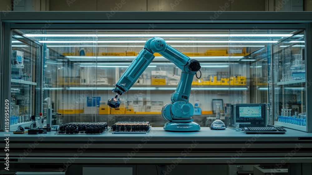 Poster automated robotic arm in modern science laboratory performing precise sample handling