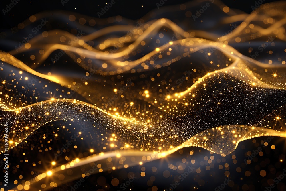 Poster flowing dots particles wave pattern gold light isolated on black background. vector in concept of te