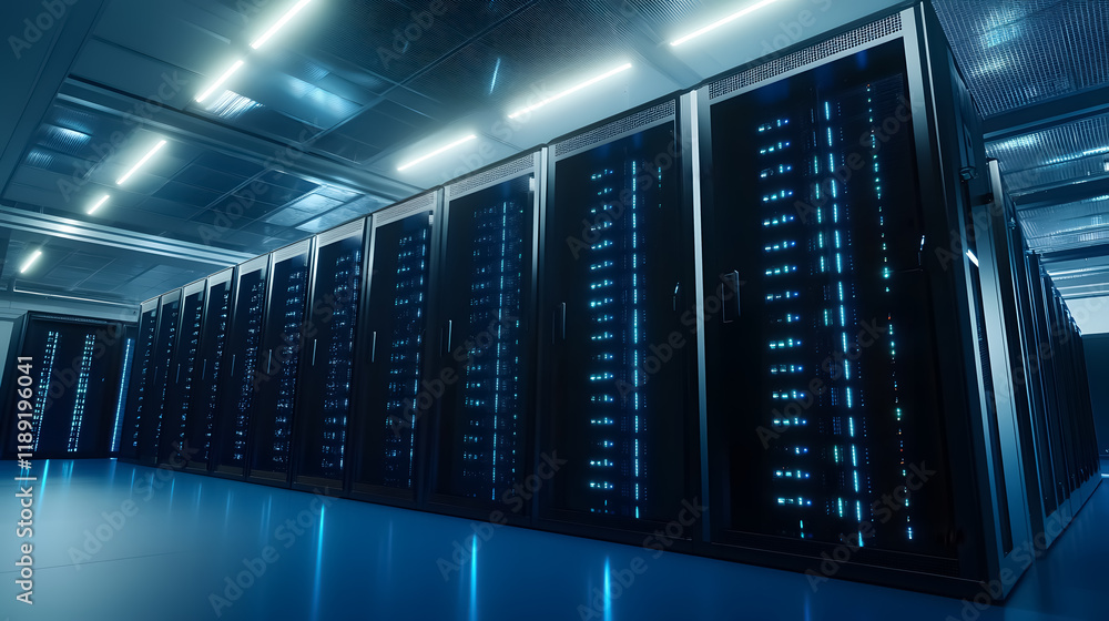 Poster an interior shot of a data center filled with operational server racks, symbolizing modern telecommu