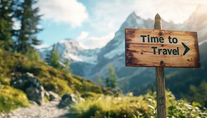 Obraz premium A rustic wooden sign labeled Time to Travel stands along a winding path surrounded by lush green hills and majestic mountains under a bright sky, encouraging exploration.