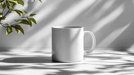 White Ceramic Mug on Table with Sunlight and Plant Shadows