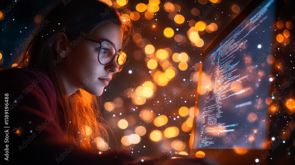 Poster focused female programmer coding late night laptop screen bokeh lights