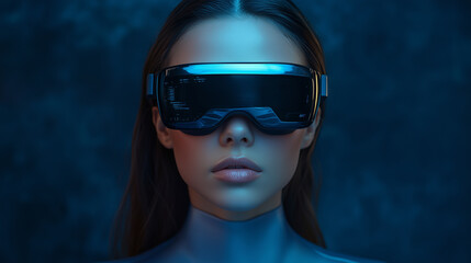Young woman wearing virtual reality glasses, isolated on a dark blue navy background with a copy space area. Concept of futuristic gaming and the digital world, photorealistic and detailed.