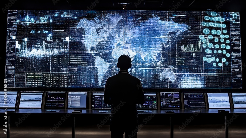 Poster global network security analyst monitoring data streams and world map on large screens