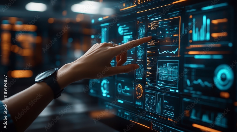 Aufkleber woman s hand interacting with futuristic digital interface displaying data analytics