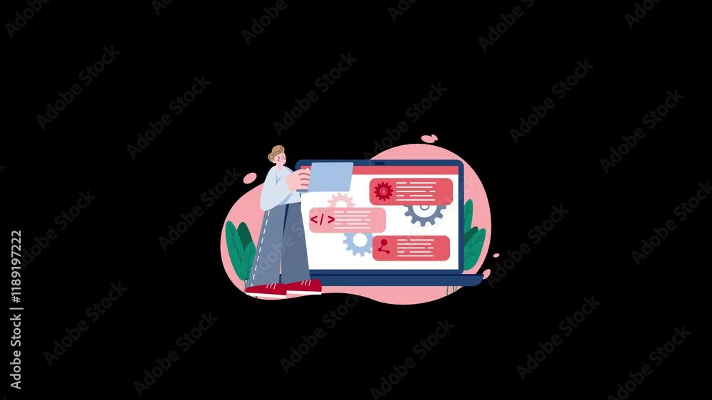 Poster a european person working on a laptop with code and settings interface in a flat design.