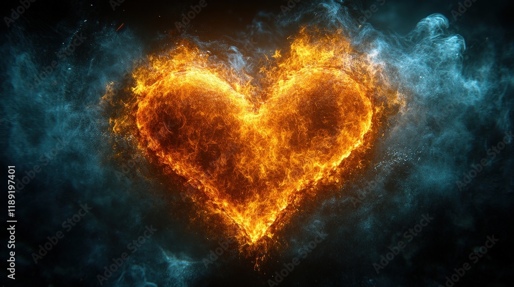 Poster heart shaped fire glowing brightly against a dark blue background creating a striking visual effect 