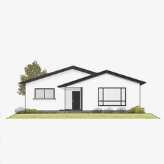Obraz premium Suburban house plan, front elevation, landscaping, simple design, real estate