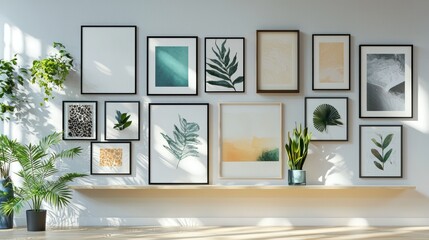 A display of minimalist art prints on a well-lit wall.