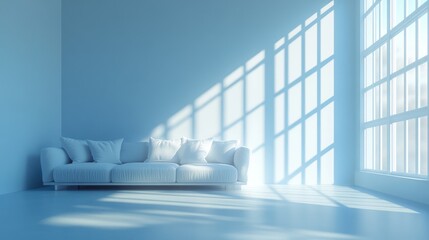 Obraz premium A serene, minimalist living space featuring a white couch and large windows casting shadows.