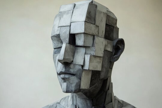 Modern art piece showcasing a human head composed of geometric shapes, evoking introspection and artistic expression