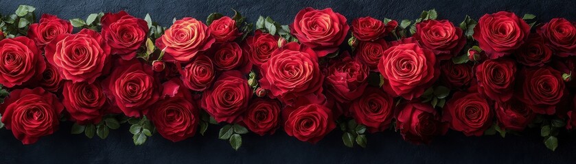 Obraz premium Bunch of fresh red roses on a dark background for floral decoration and design purposes valentine day